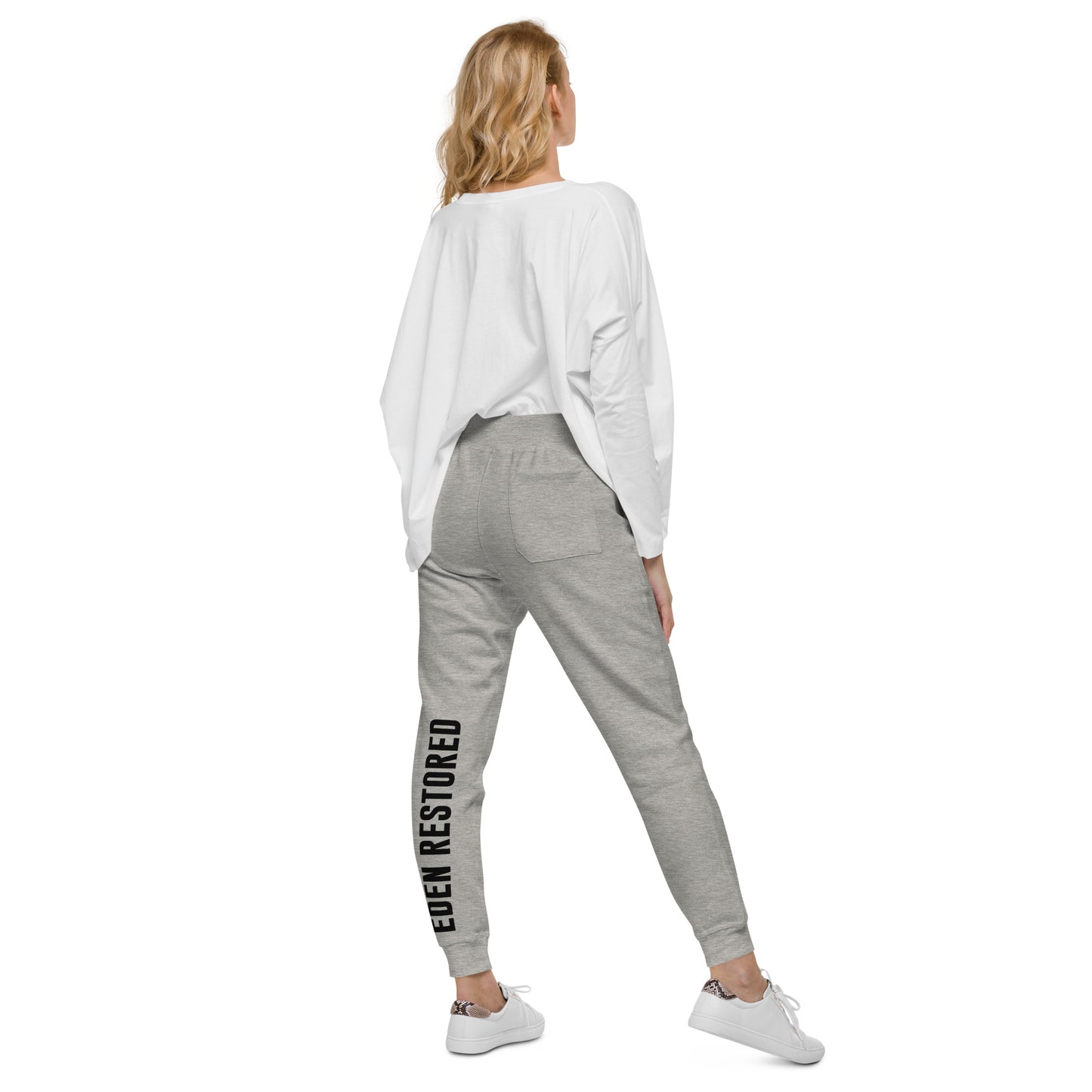 'EDEN RESTORED' Grey Joggers Back Model 1 by Holy King Clothing. Christian Street wear Clothing Brand